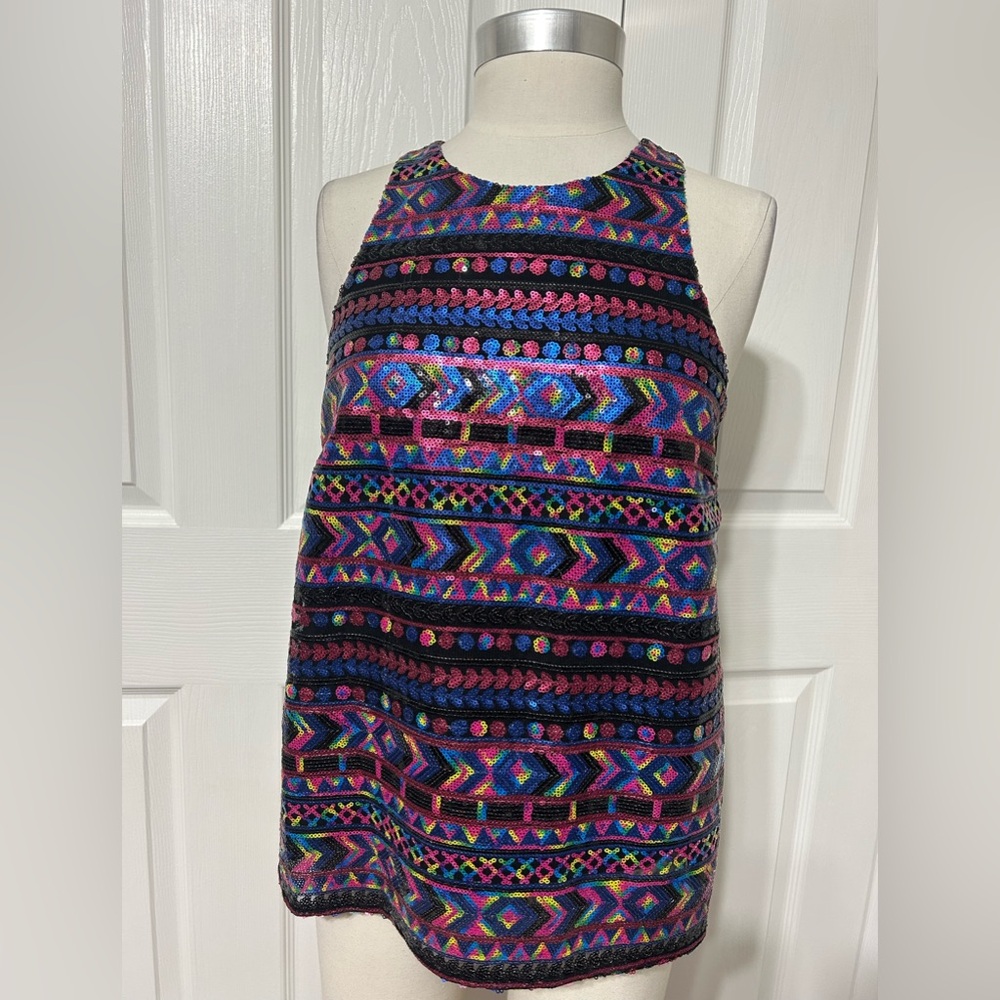 Amanda Uprichard Women’s Sequin Front Sleeveless Blouse Top Black Multi Size S